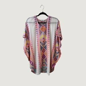 Malachite Women White Multi Color Tribal Embroidered Sheer Kaftan Top Dubai O/S